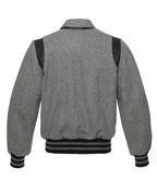 Back view of a grey wool letterman jacket with a classic fold-down collar and contrasting black leather details on the shoulders.