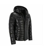 Side view of Black Hooded Leather Puffer Jacket