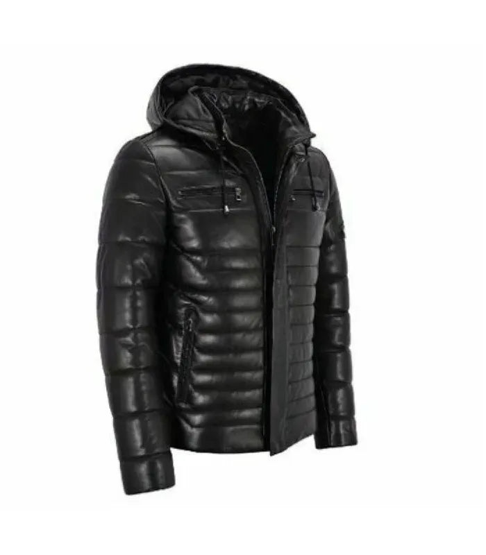Side view of Black Hooded Leather Puffer Jacket