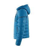 Detail view of Blue Hooded Leather Puffer Jacket