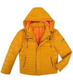 Side view of Yellow Hooded Leather Puffer Jacket