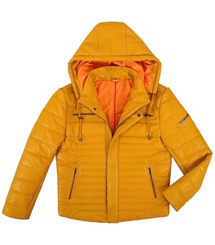 Side view of Yellow Hooded Leather Puffer Jacket