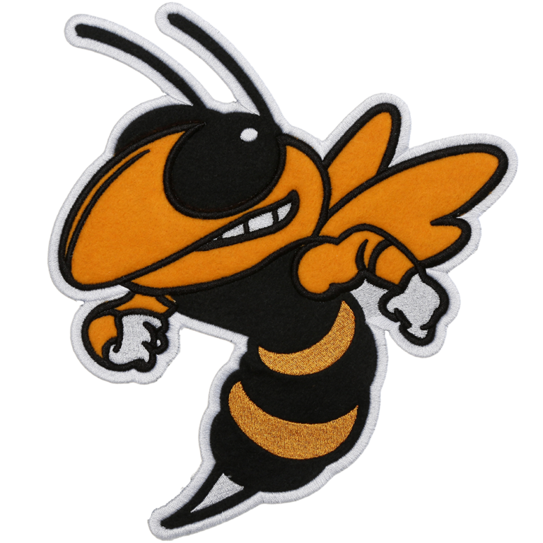 Orange and black hornet embroidered patch with wings, raised fists, long antennae, sharp stinger, and white stitched border.