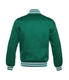 Green varsity jacket with white striped collar, cuffs, and hem, shown from back view
