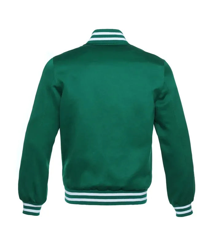 Green varsity jacket with white striped collar, cuffs, and hem, shown from back view