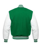 Green varsity baseball jacket back view with contrast white sleeves and traditional striped waistband design.