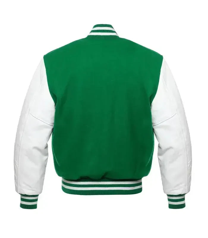 Green varsity baseball jacket back view with contrast white sleeves and traditional striped waistband design.