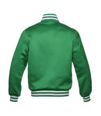 Back view of a plain green satin bomber jacket with white striped athletic trim on the neck and waist.
