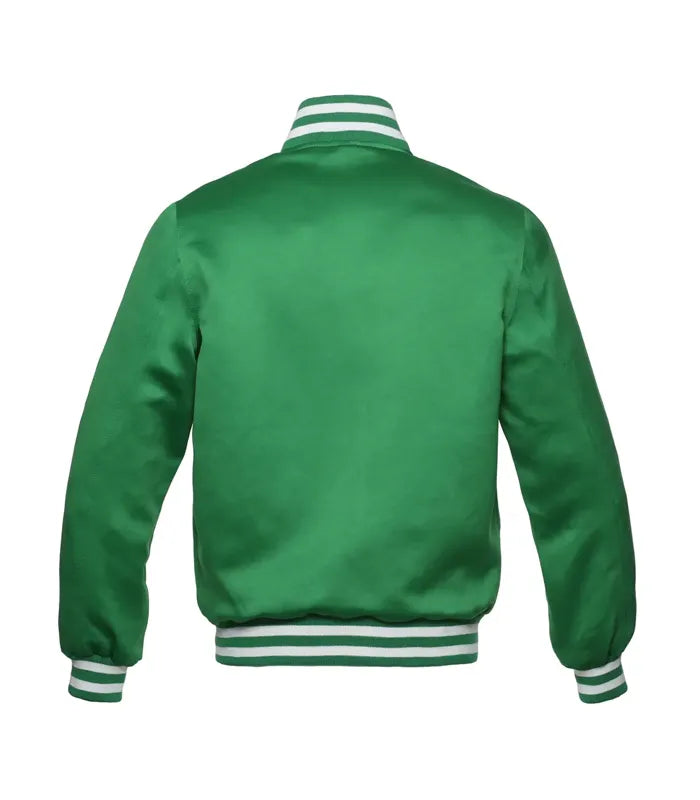 Back view of a plain green satin bomber jacket with white striped athletic trim on the neck and waist.