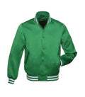 Front view of a kelly green satin varsity jacket featuring white striped rib-knit collar, cuffs, and hem with a snap-button front.