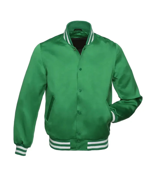Front view of a kelly green satin varsity jacket featuring white striped rib-knit collar, cuffs, and hem with a snap-button front.