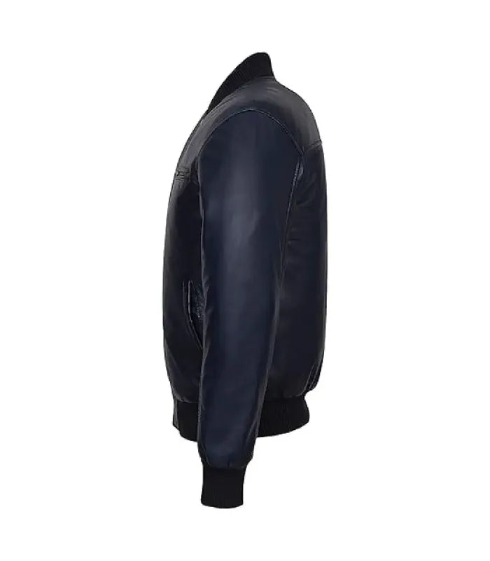 Detail view of Navy Leather Bomber Jacket