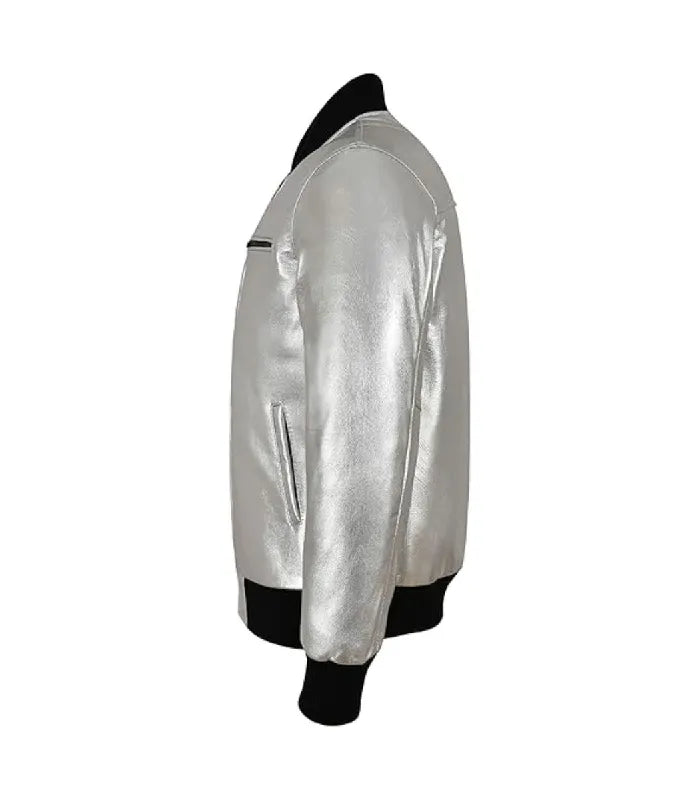 Side view of Silver Leather Bomber Jacket