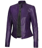 Side view of Women's's Purple Leather Cafe Racer Jacket