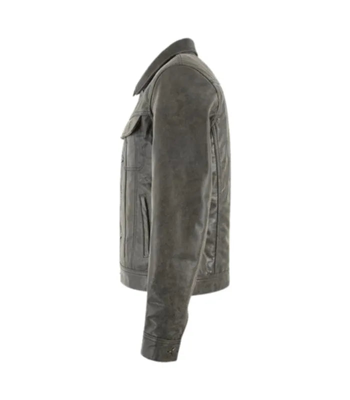 Side view of Grey Leather Trucker Jacket