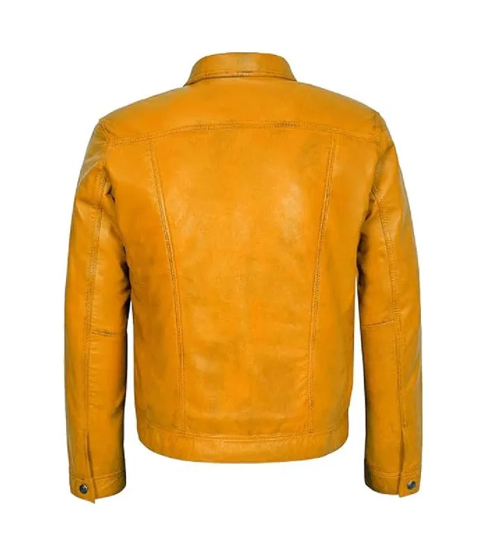 Back view of Yellow Leather Trucker Jacket