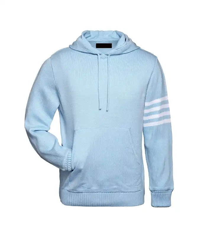 Front view of a light blue knit hoodie sweater with a front kangaroo pocket and four white athletic stripes on the sleeve.
