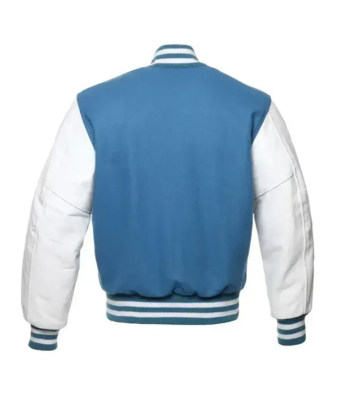 Blue varsity baseball jacket back view with white sleeves and traditional striped waistband design.