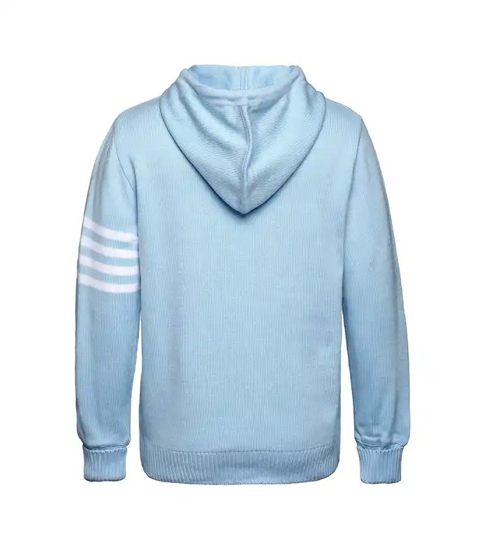 Back view of a sky blue pullover knit hoodie featuring white striped detailing on the left arm and a ribbed waist.