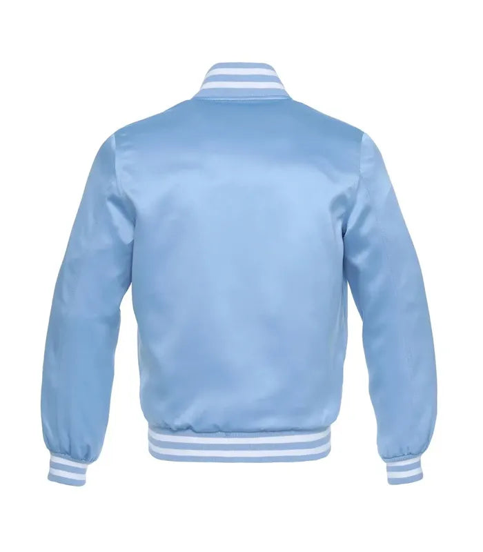 Light blue varsity jacket back view with white striped collar, cuffs, and hem for custom team wear