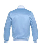 Light blue varsity jacket back view with white striped collar, cuffs, and hem for custom team wear