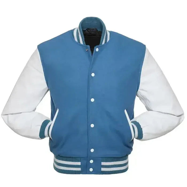 Blue letterman jacket front view styled as a baseball jacket with contrast white sleeves and ribbed collar and cuffs.