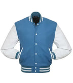 Blue letterman jacket front view styled as a baseball jacket with contrast white sleeves and ribbed collar and cuffs.
