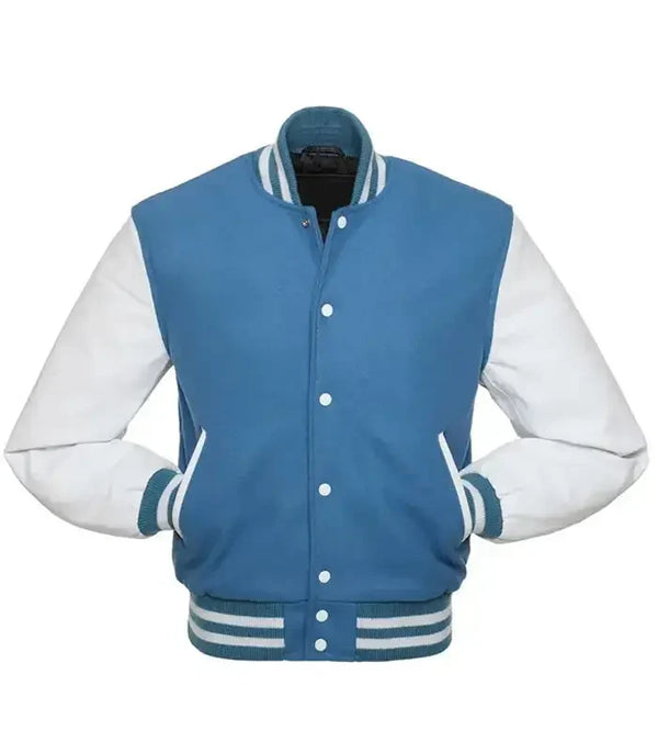 Blue letterman jacket front view styled as a baseball jacket with contrast white sleeves and ribbed collar and cuffs.
