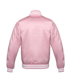 Back view of a plain pastel pink satin bomber jacket featuring white striped athletic ribbing on the neck and hem.