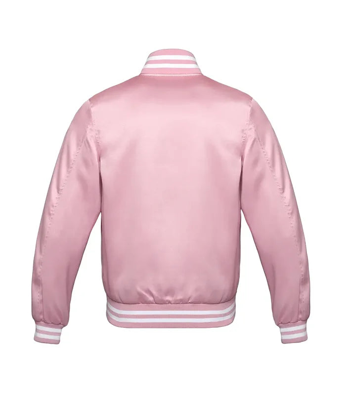 Back view of a plain pastel pink satin bomber jacket featuring white striped athletic ribbing on the neck and hem.