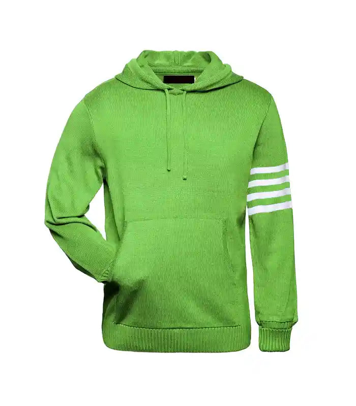 Front view of a lime green pullover knit hoodie featuring a kangaroo pocket and white striped detailing on the upper sleeve.
