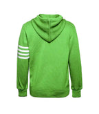 Back view of a lime green knit hoodie sweater with three white athletic stripes on the left sleeve and a ribbed hem.