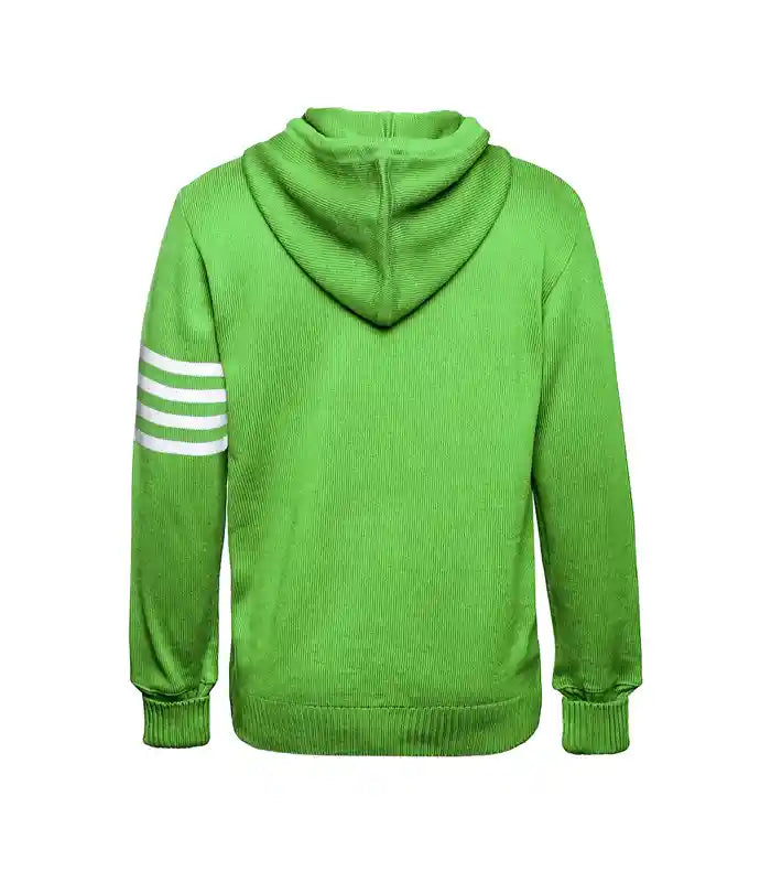 Back view of a lime green knit hoodie sweater with three white athletic stripes on the left sleeve and a ribbed hem.
