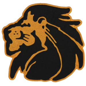 Angled black paw print embroidered patch with four toe pads, large center pad, white background, and clean stitched border.