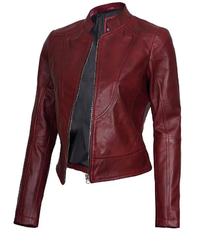 Side view of Women's's Maroon Leather Cafe Racer Jacket