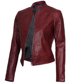 Side view of Women's's Maroon Leather Cafe Racer Jacket