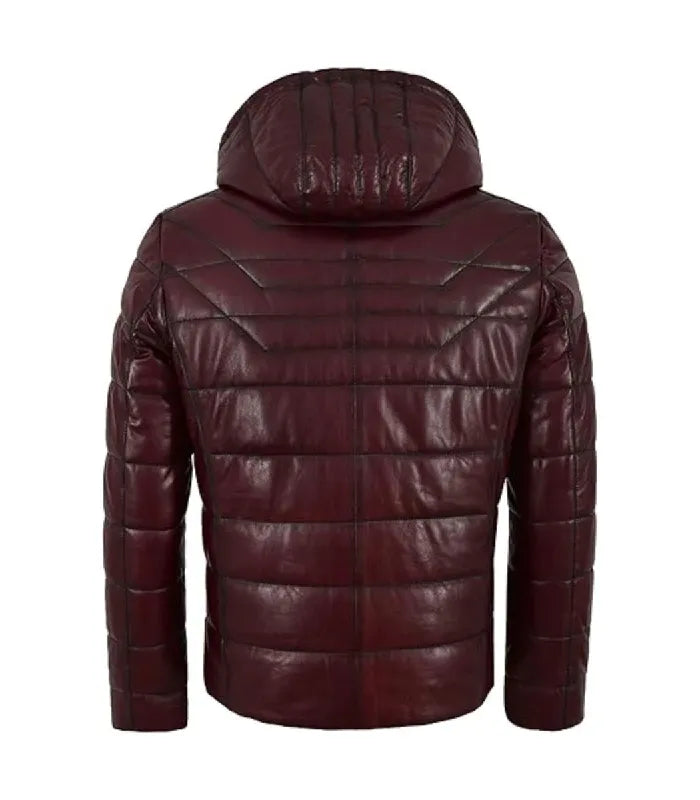 Back view of Maroon Hooded Leather Puffer Jacket