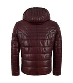 Back view of Maroon Hooded Leather Puffer Jacket
