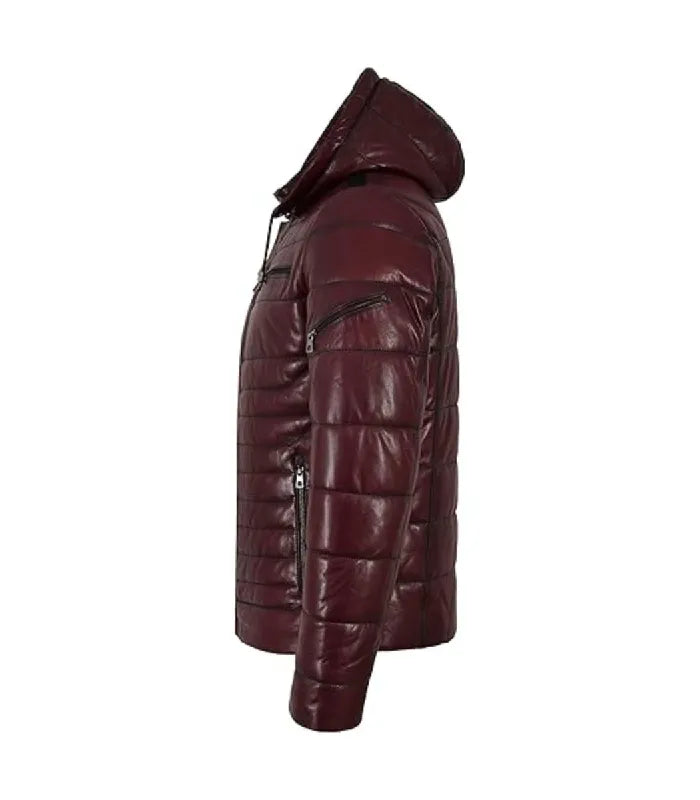 Detail view of Maroon Hooded Leather Puffer Jacket