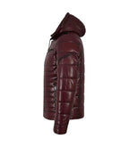 Detail view of Maroon Hooded Leather Puffer Jacket