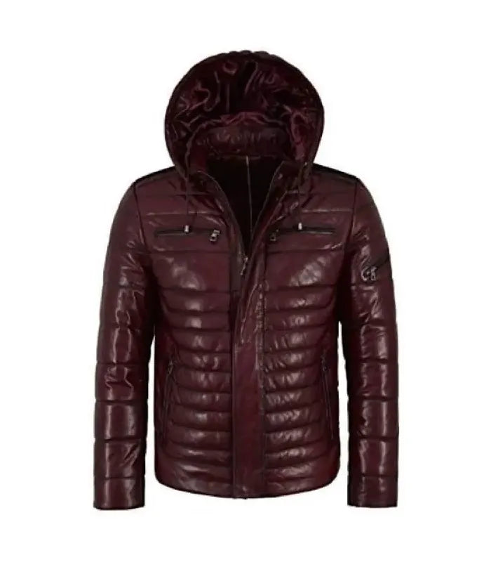 Front view of Maroon Hooded Leather Puffer Jacket