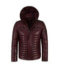 Front view of Maroon Hooded Leather Puffer Jacket