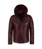 Front view of Maroon Hooded Leather Puffer Jacket