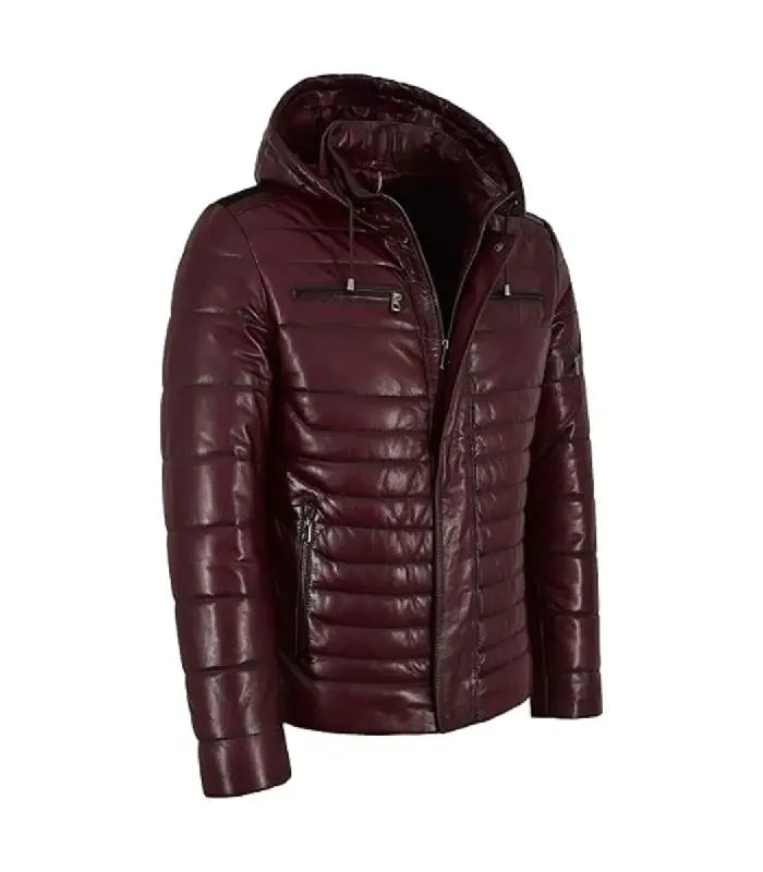 Side view of Maroon Hooded Leather Puffer Jacket