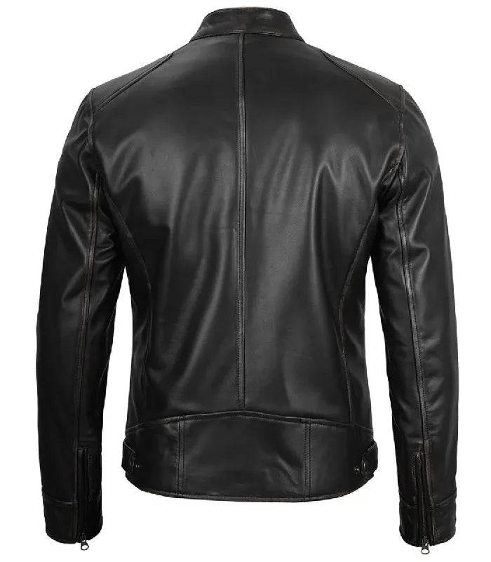 Back view of Men's Black Leather Cafe Racer Jacket