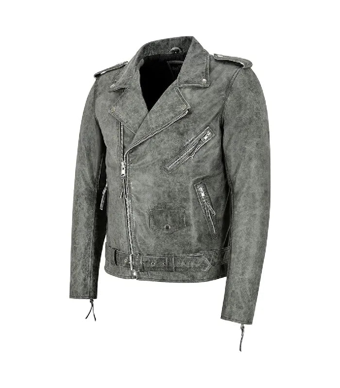 Side view of Men's Grey Leather Biker Jacket