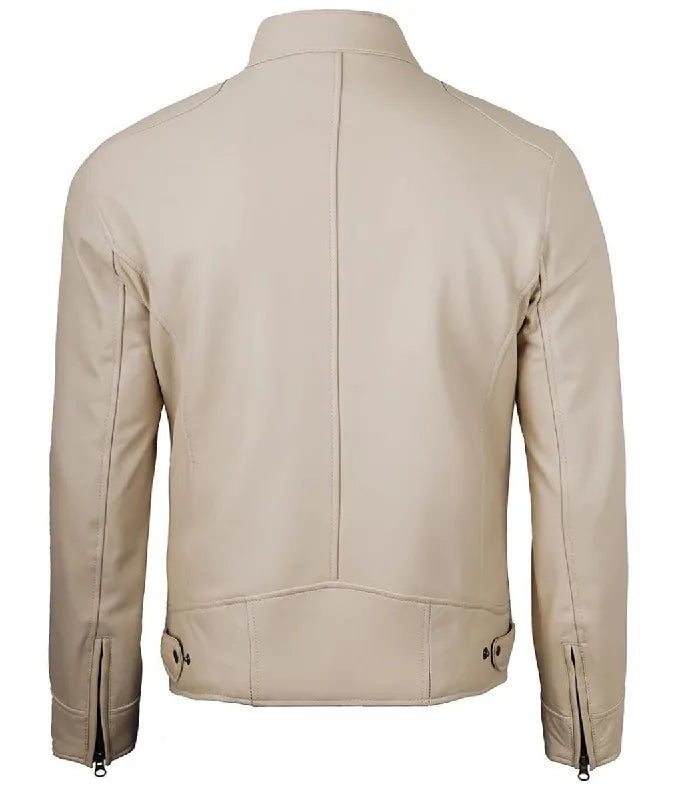Back view of Men's Cafe Racer Beige Leather Jacket