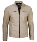Front view of Men's Cafe Racer Beige Leather Jacket