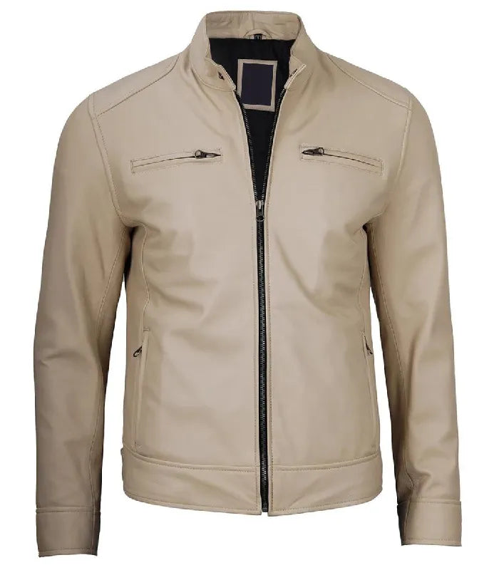 Front view of Men's Cafe Racer Beige Leather Jacket