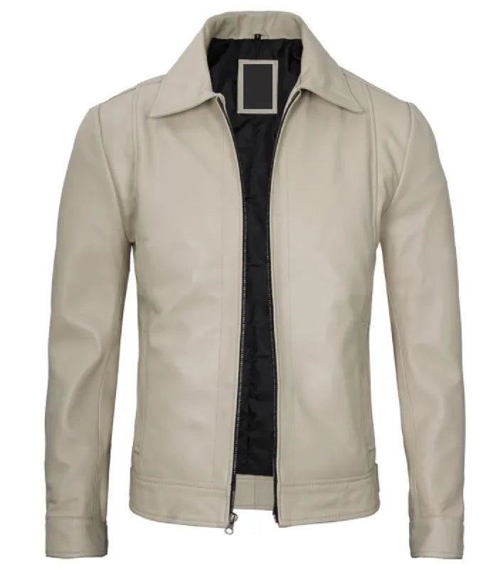 Front view of Shirt-Collar Beige Leather Jacket